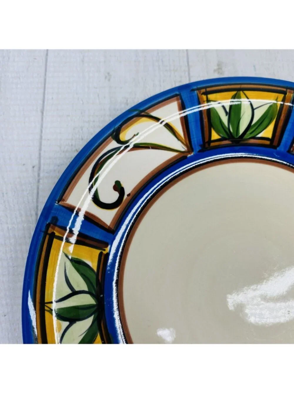 Liddy GREEN PLANTS Hand Painted Blue Trim Ceramic Salad Snack Round Plates Set 6